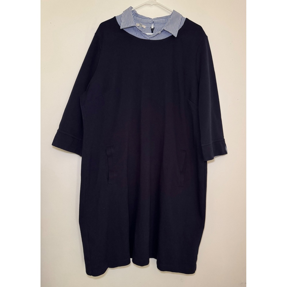 Talbots Navy Blue Layered Look Shift Dress Striped Collar Pockets 3X - Picture 4 of 6